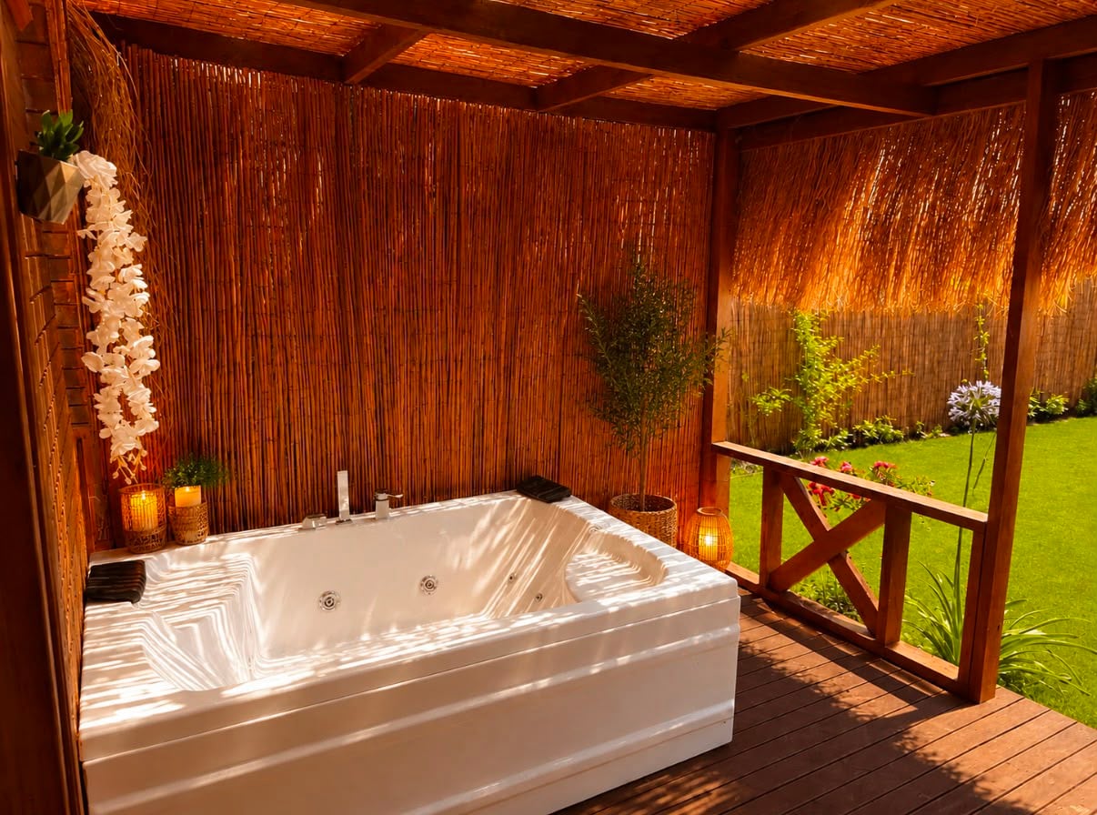 Private jacuzzi on a timber deck under a reed canopy, with candles and a view onto the green lawn.